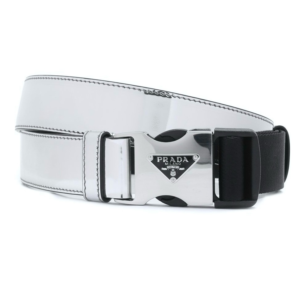 Prada Metallic Spazzolato Leather and Woven Tape Belt
